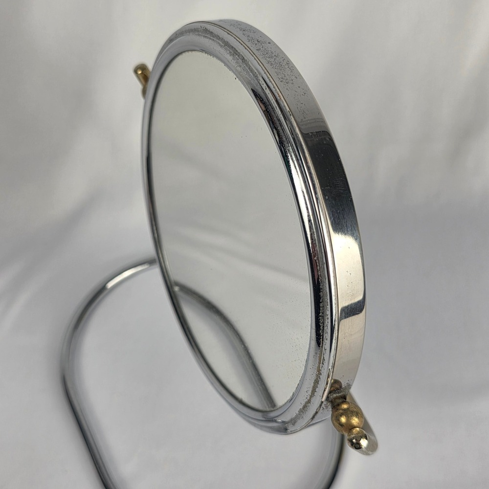 Vintage 5" Double Sided Folding Magnifying Travel Vanity Mirror MCM Chrome Brass - Picture 8 of 13